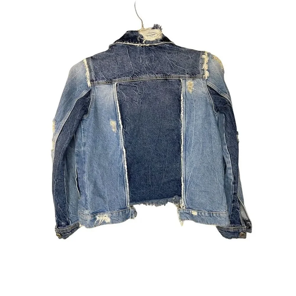River Island Women’s Blue Denim Jacket Distressed Frayed Edges Long Sleeve - Picture 2 of 5